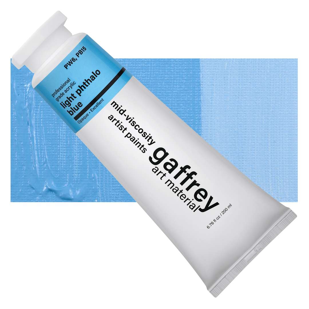 Open in modal - Gaffrey Art Material Standard Body Acrylic Paint - Light Phthalo Blue, 200 ml tube and swatch