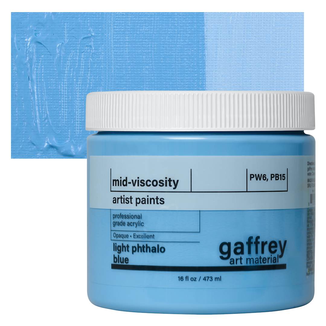 Open in modal - Gaffrey Art Material Standard Body Acrylic Paint - Light Phthalo Blue, 473 ml jar and swatch