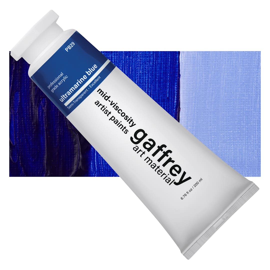 Open in modal - Gaffrey Art Material Standard Body Acrylic Paint - Ultramarine Blue, 200 ml tube and swatch