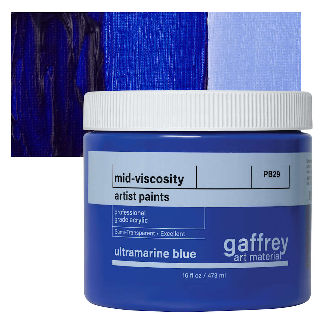 Open in modal - Gaffrey Art Material Standard Body Acrylic Paint - Ultramarine Blue, 473 ml jar and swatch