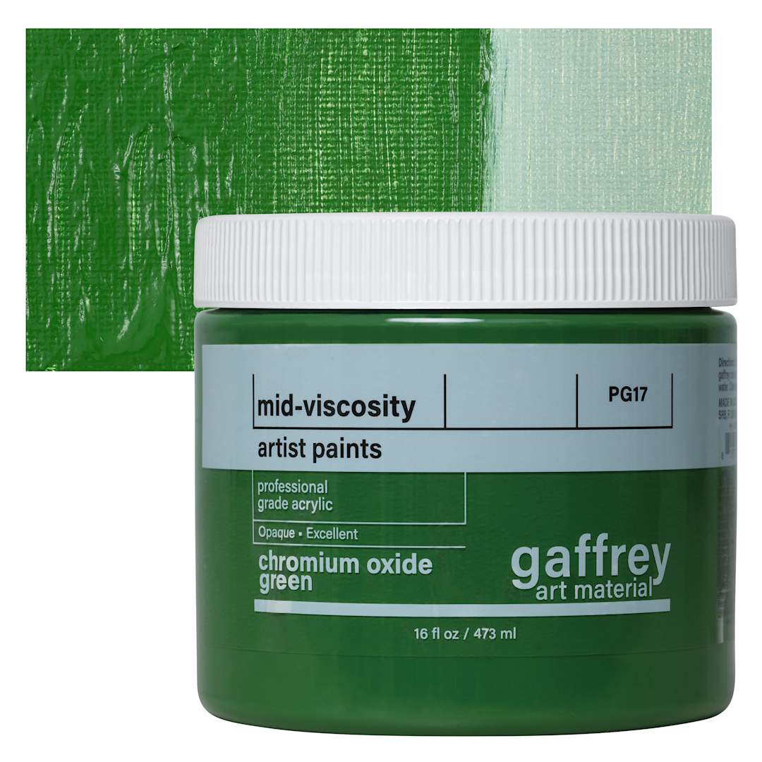 Open in modal - Gaffrey Art Material Standard Body Acrylic Paint - Chromium Green Oxide, 473 ml jar and swatch