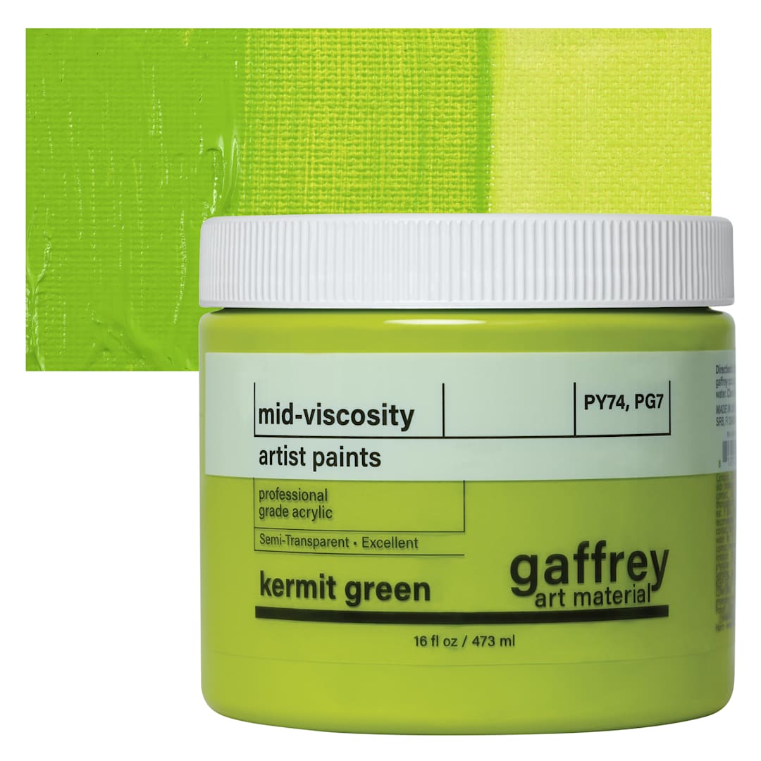 Open in modal - Gaffrey Art Material Standard Body Acrylic Paint - Kermit Green, 473 ml jar and swatch