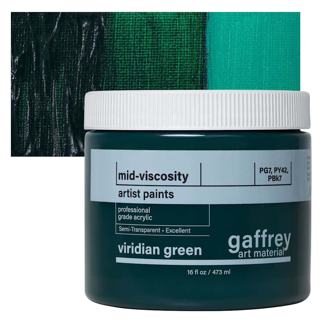 Open in modal - Gaffrey Art Material Standard Body Acrylic Paint - Viridian Green, 473 ml jar and swatch