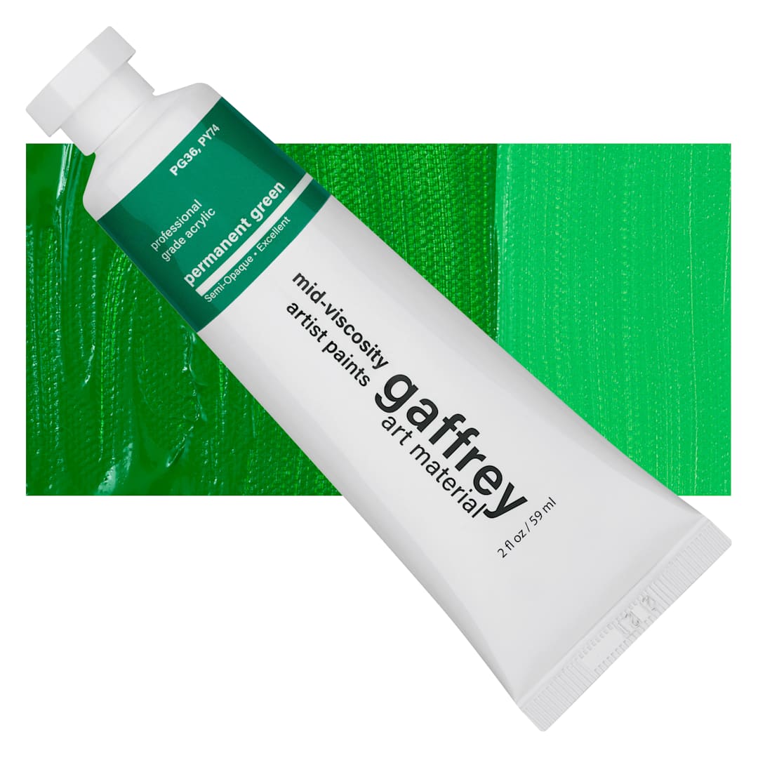 Open in modal - Gaffrey Art Material Standard Body Acrylic Paint - Permanent Green, 59 ml tube and swatch