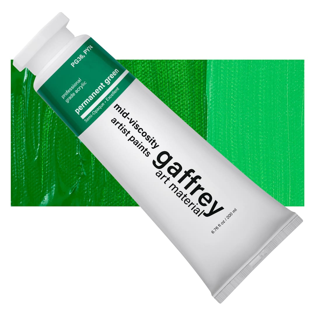 Open in modal - Gaffrey Art Material Standard Body Acrylic Paint - Permanent Green, 200 ml tube and swatch