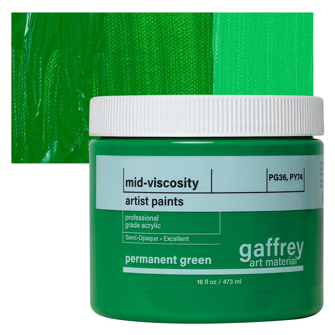 Open in modal - Gaffrey Art Material Standard Body Acrylic Paint - Permanent Green, 473 ml jar and swatch