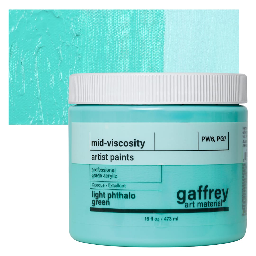 Open in modal - Gaffrey Art Material Standard Body Acrylic Paint - Light Phthalo Green, 473 ml jar and swatch