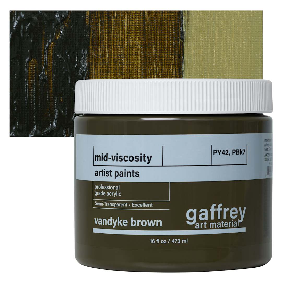 Open in modal - Gaffrey Art Material Standard Body Acrylic Paint - Vandyke Brown, 473 ml jar and swatch