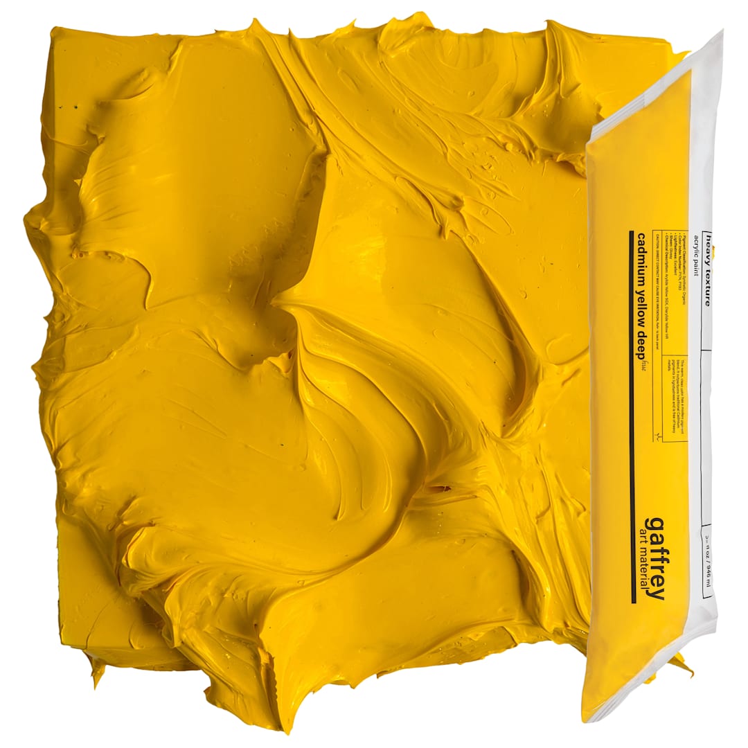 Open in modal - Gaffrey Heavy Body Texture Acrylic Paint - Cadmium Yellow Deep Hue, 32 oz pouch and swatch