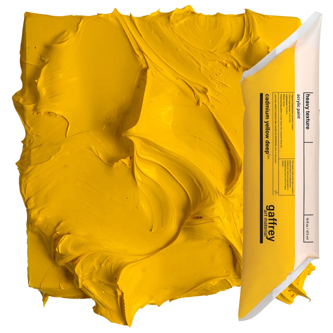 Open in modal - Gaffrey Heavy Body Texture Acrylic Paint - Cadmium Yellow Deep Hue, 16 oz pouch and swatch