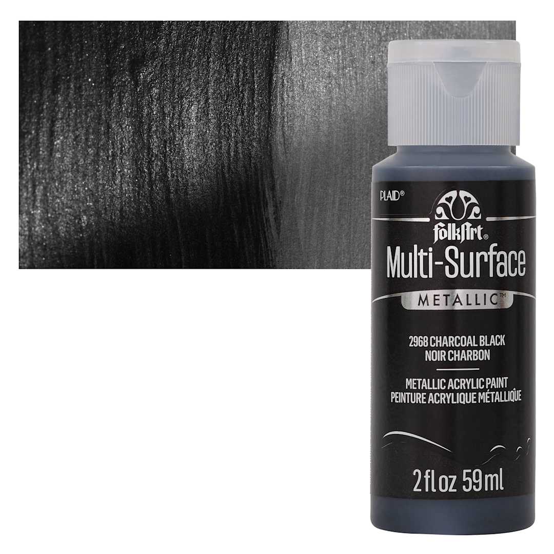 Open in modal - FolkArt Multi-Surface Metallic Acrylic Paint - Charcoal Black, 59 ml bottle and swatch