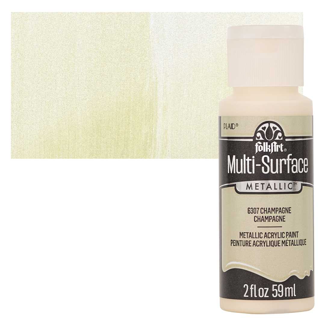 Open in modal - FolkArt Multi-Surface Metallic Acrylic Paint - Champagne, 59 ml bottle and swatch