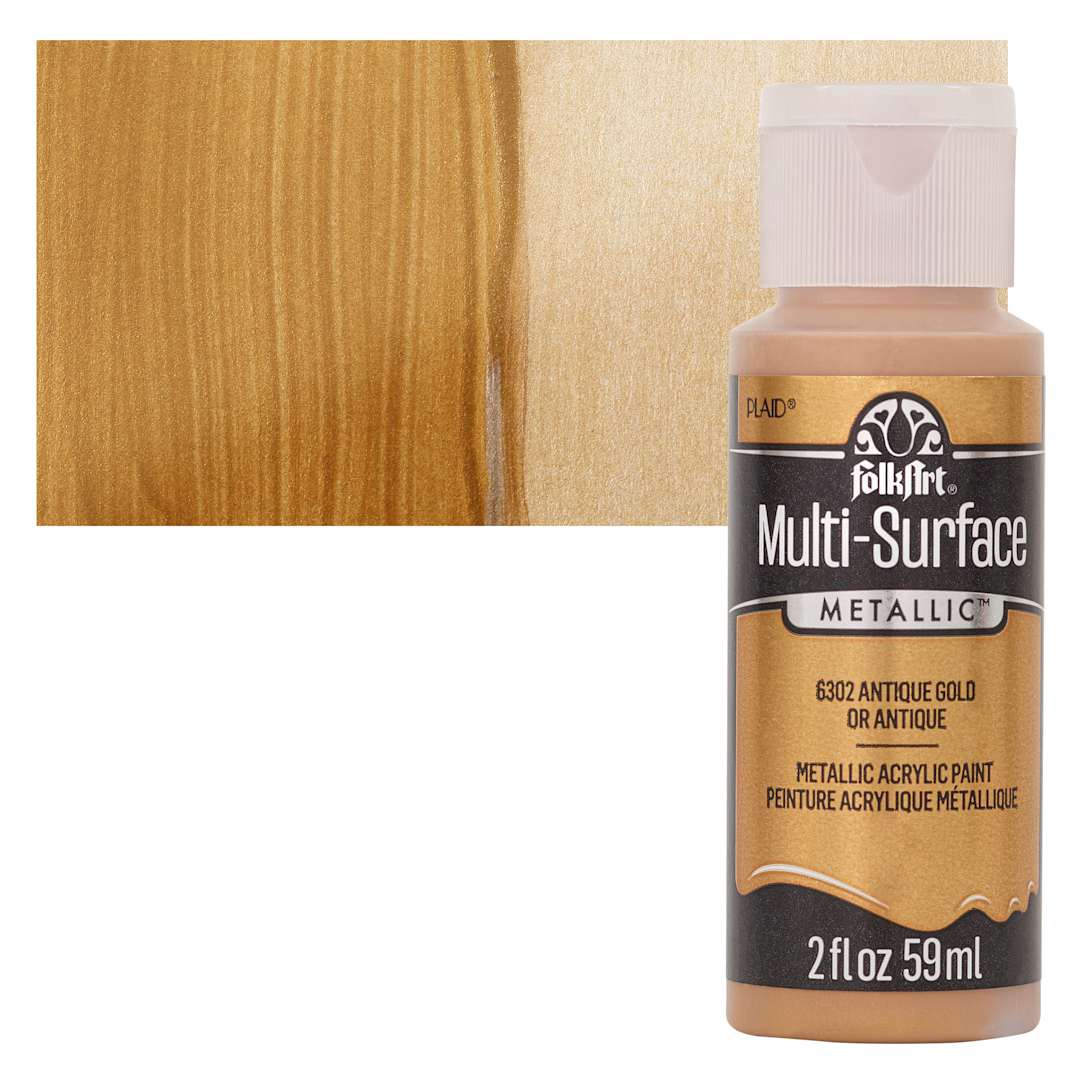 Open in modal - FolkArt Multi-Surface Metallic Acrylic Paint - Antique Gold, 59 ml bottle and swatch