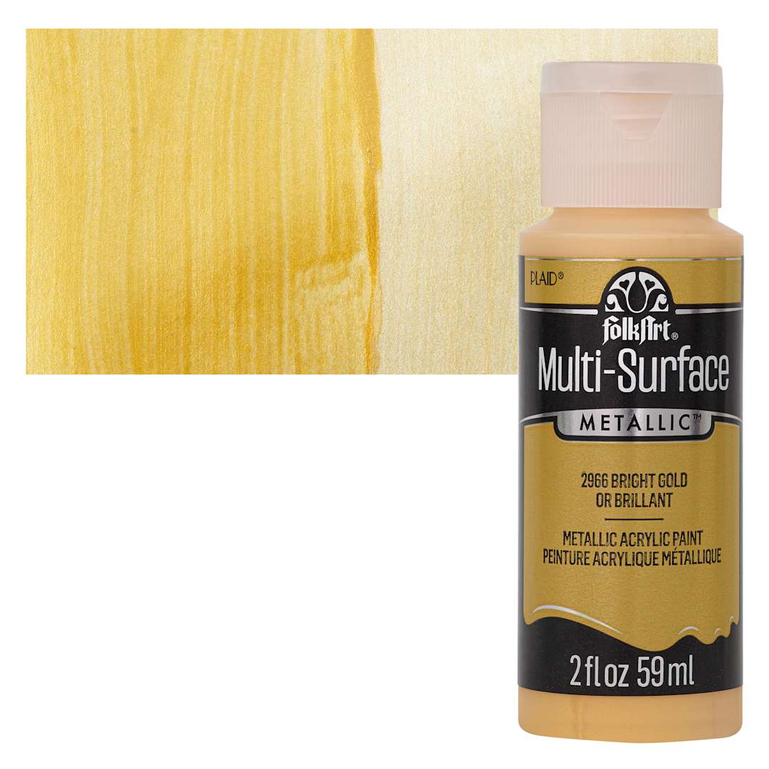 Open in modal - FolkArt Multi-Surface Metallic Acrylic Paint - Bright Gold, 59 ml bottle and swatch