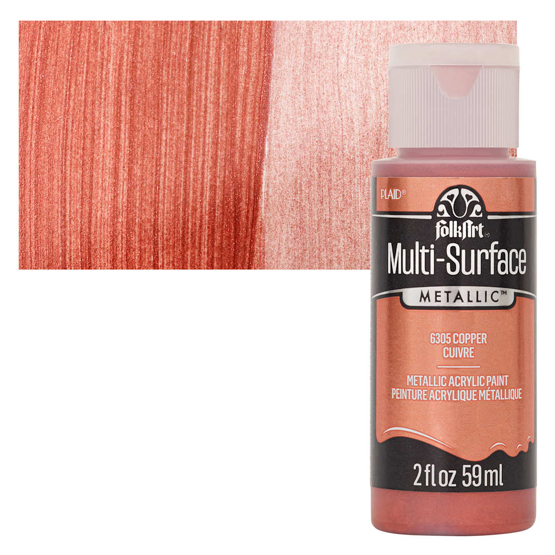 Open in modal - FolkArt Multi-Surface Metallic Acrylic Paint - Copper, 59 ml bottle and swatch