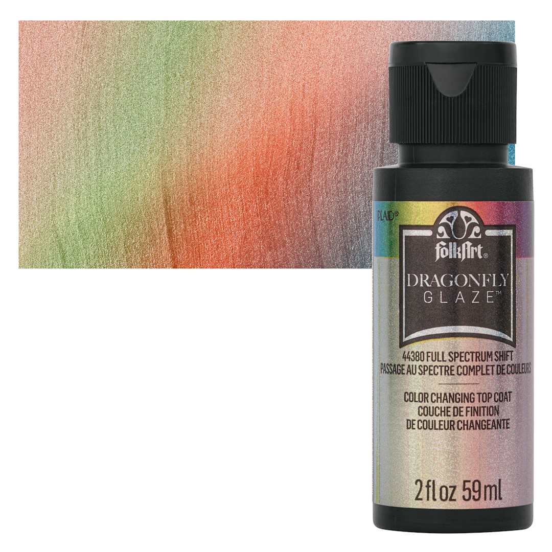 Open in modal - FolkArt Dragonfly Iridescent Acrylic Top Coat Glaze - Full Spectrum, 59 ml bottle and swatch
