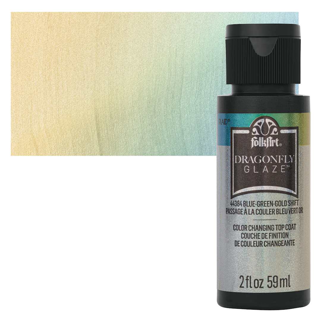 Open in modal - FolkArt Dragonfly Iridescent Acrylic Top Coat Glaze - Blue Green Gold, 59 oz bottle and swatch