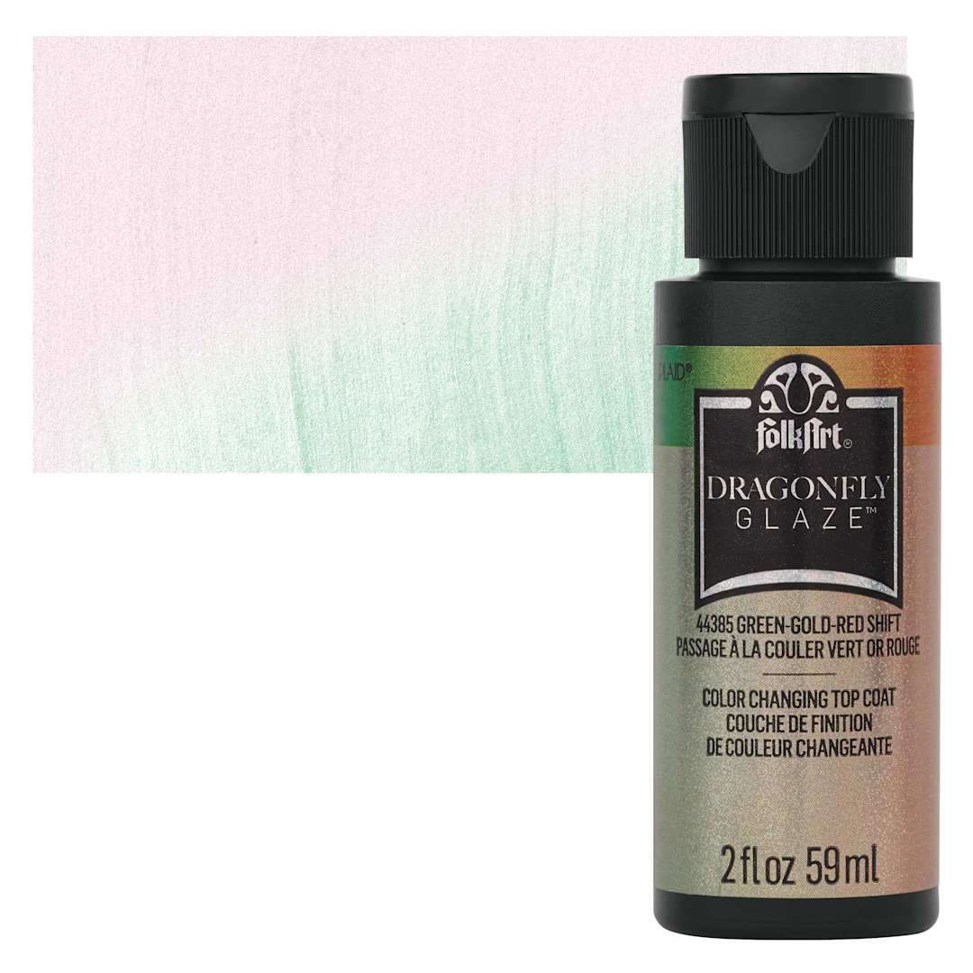 Open in modal - FolkArt Dragonfly Iridescent Acrylic Top Coat Glaze - Green Gold Red, 59 ml bottle and swatch