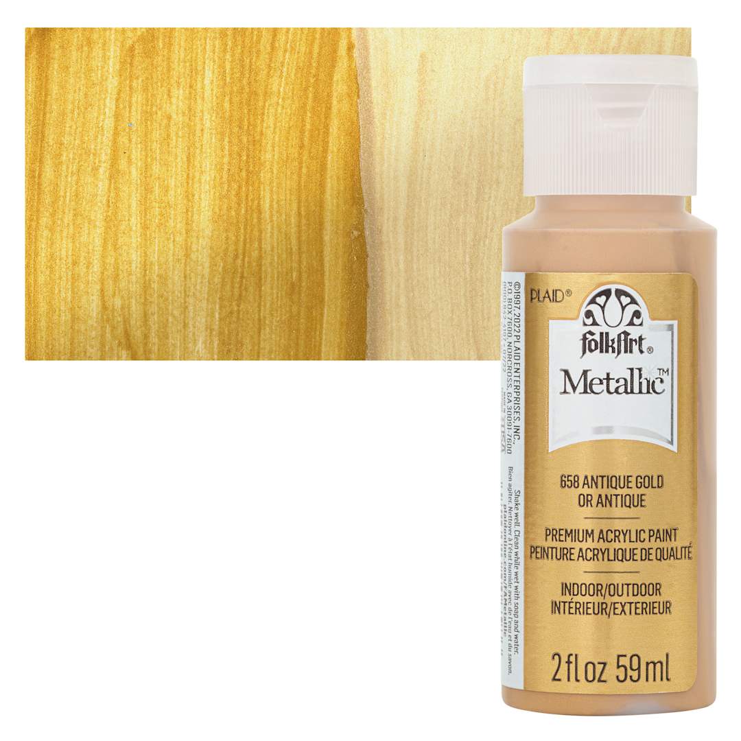 Open in modal - FolkArt Metallic Acrylic Paint - Antique Gold, 59 ml bottle and swatch