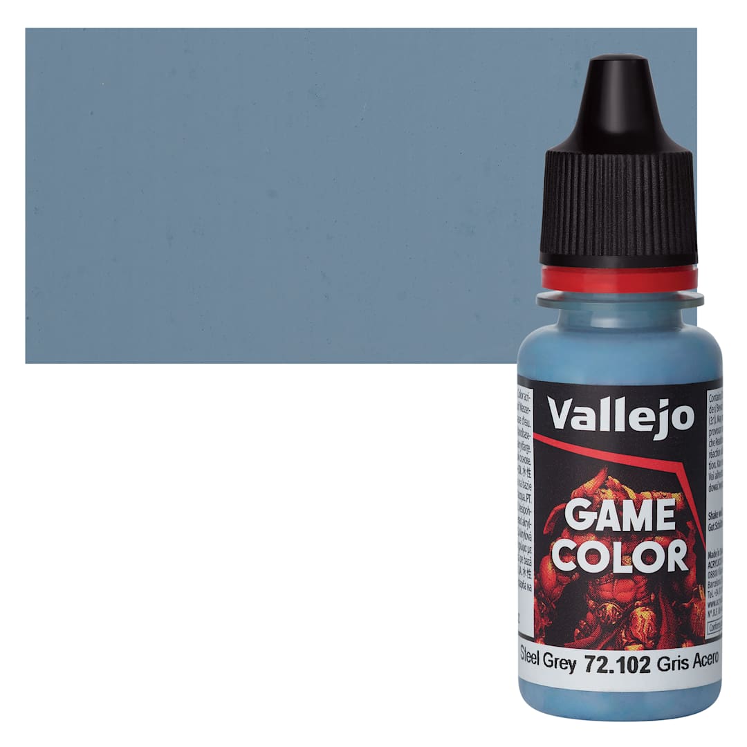 Open in modal - Vallejo Game Color Acrylic Paint - Steel Grey - Bottle and Swatch
