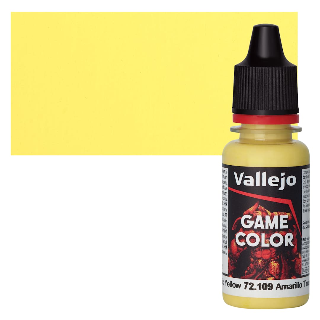 Open in modal - Vallejo Game Color Acrylic Paint - Toxic Yellow - Bottle and Swatch
