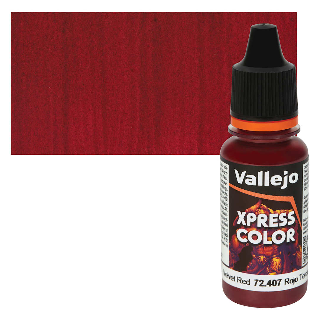 Open in modal - Vallejo Xpress Color Acrylic Paint - Velvet Red 18 ml Bottle and Swatch