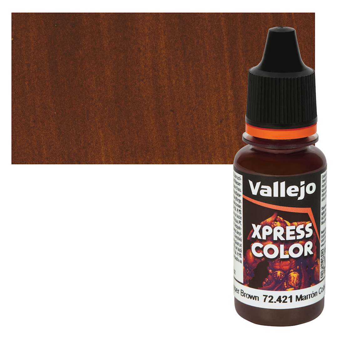 Open in modal - Vallejo Xpress Color Acrylic Paint - Copper Brown, 18 ml Bottle and Swatch