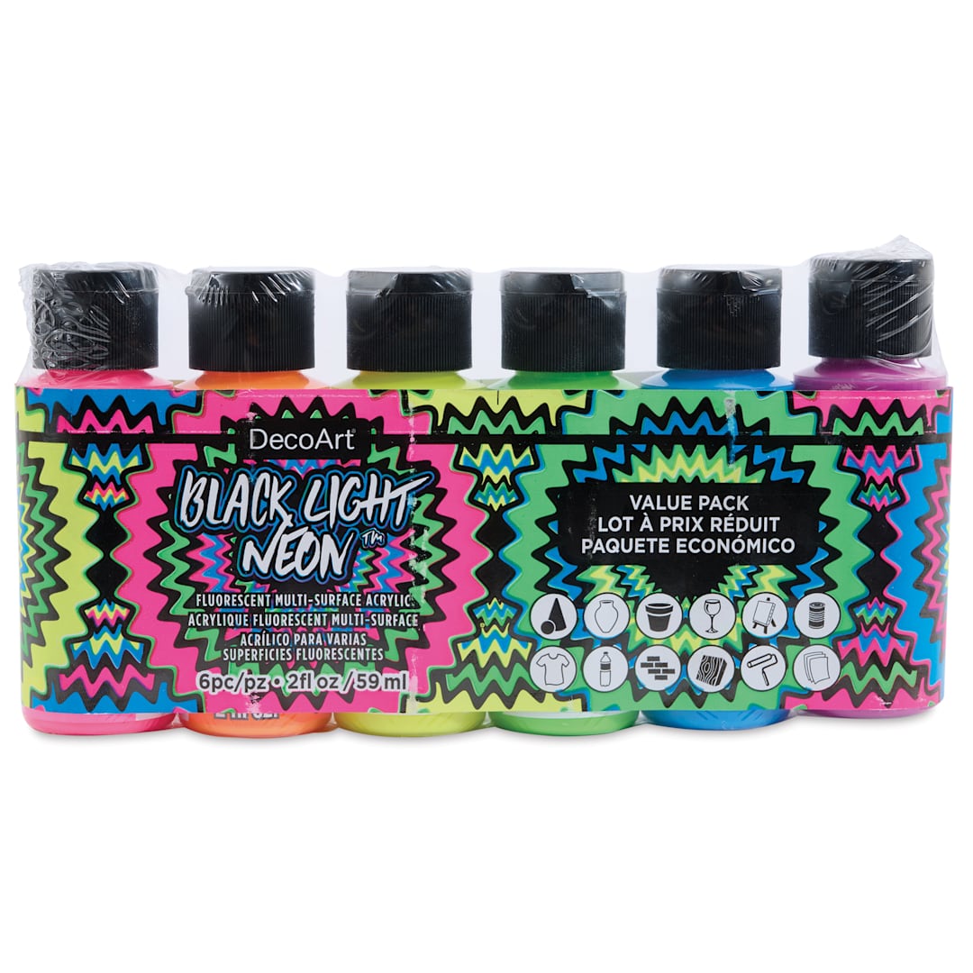 Open in modal - DecoArt Black Light Neon Acrylic Paint Set - Set of 6, 2 oz, front of packaging