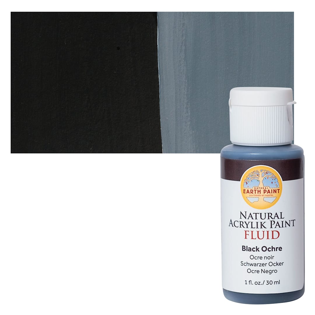 Open in modal - Natural Earth Paint Natural Fluid Acrylik Paint - Black Ochre, 30 ml - Bottle and Swatch