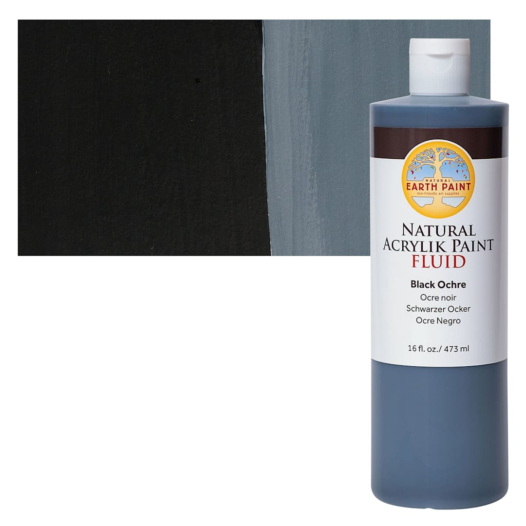 Open in modal - Natural Earth Paint Natural Fluid Acrylik Paint - Black Ochre, 437 ml - Bottle and Swatch