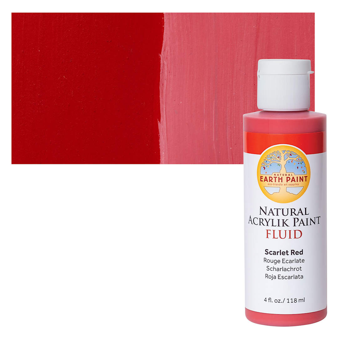 Open in modal - Natural Earth Paint Natural Fluid Acrylik Paint - Scarlet Red, 118 ml Bottle and Swatch