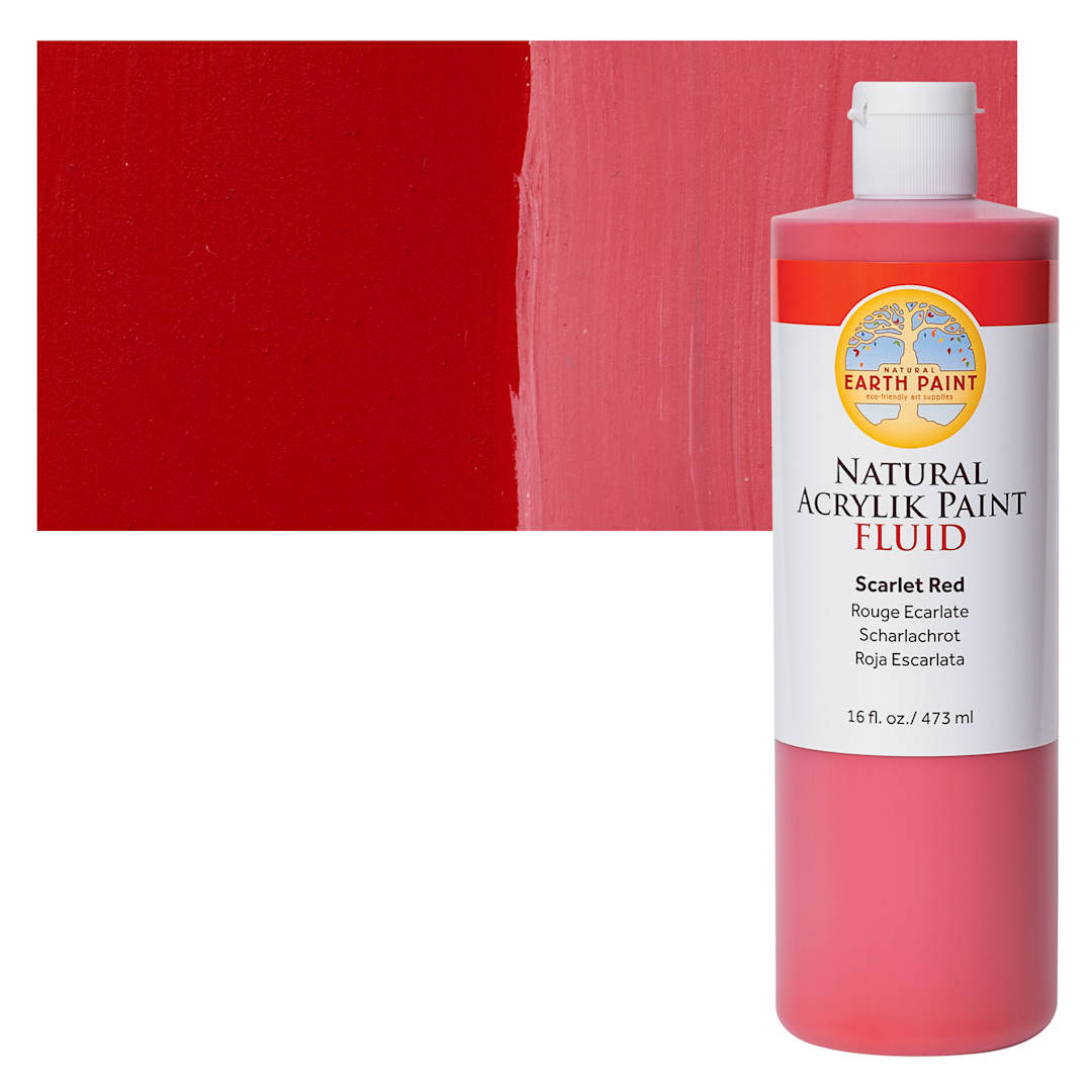 Open in modal - Natural Earth Paint Natural Fluid Acrylik Paint - Scarlet Red, 473 ml - Bottle and Swatch