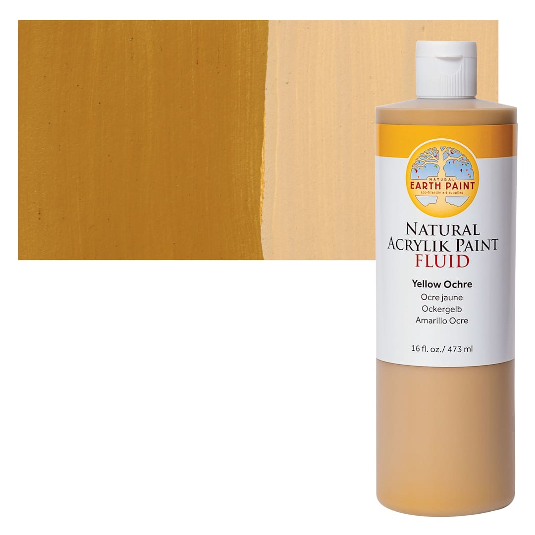 Open in modal - Natural Earth Paint Natural Fluid Acrylik Paint - Yellow Ochre, 473 ml Bottle and Swatch