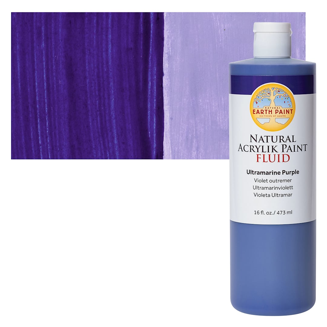 Open in modal - Natural Earth Paint Natural Fluid Acrylik Paint - Ultramarine Purple, 473 ml Bottle and Swatch