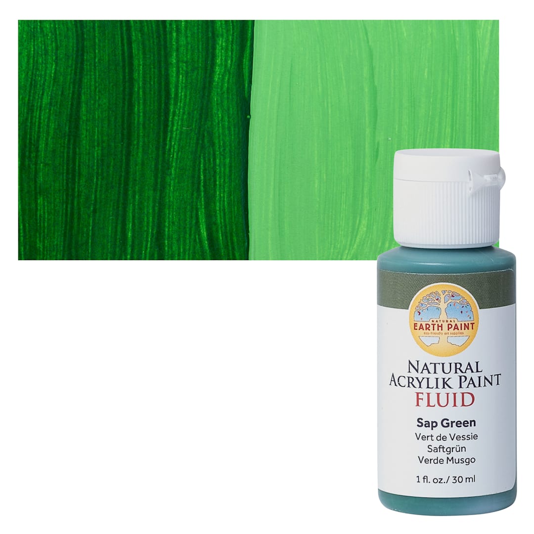 Open in modal - Natural Earth Paint Natural Fluid Acrylik Paint - Sap Green, 30 ml bottle and swatch