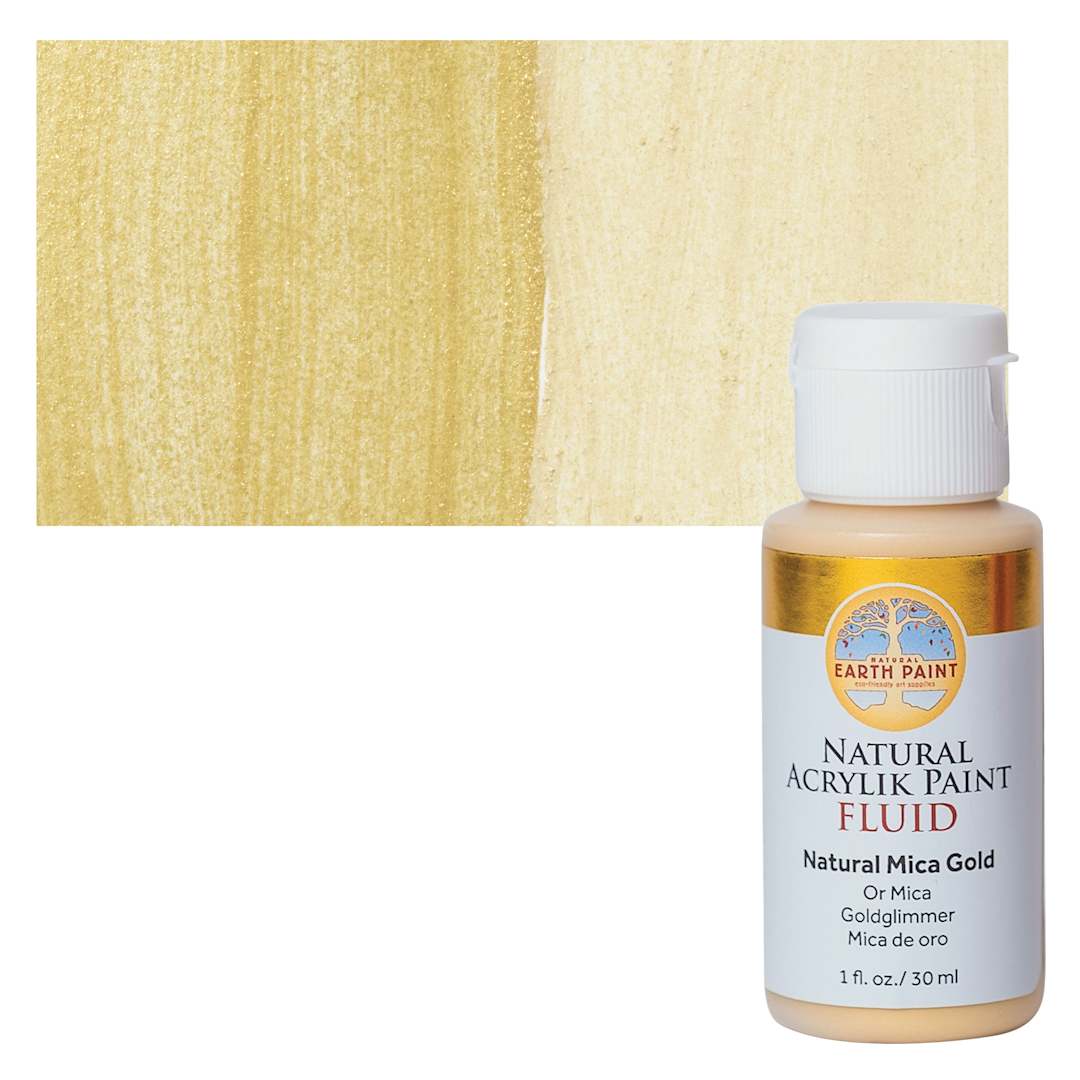 Open in modal - Natural Earth Paint Natural Fluid Acrylik Paint - Gold Mica, 30 ml - Bottle and Swatch
