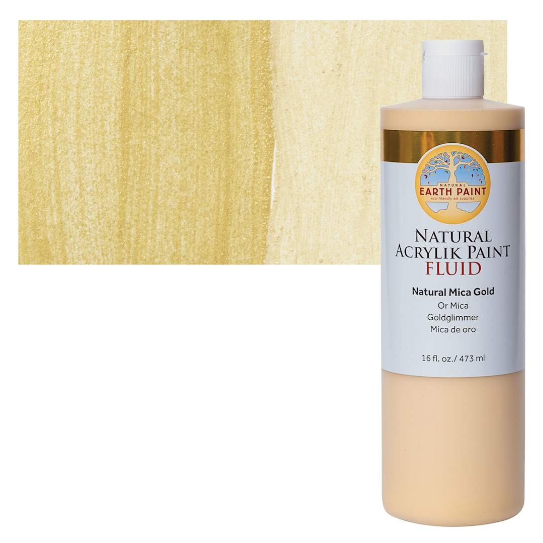 Open in modal - Natural Earth Paint Natural Fluid Acrylik Paint - Gold Mica, 473 ml - Bottle and Swatch