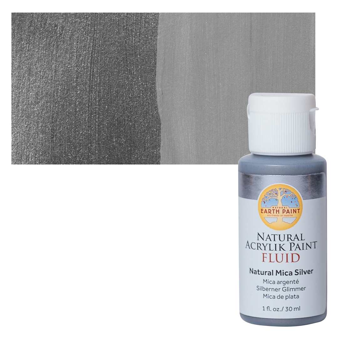 Open in modal - Natural Earth Paint Natural Fluid Acrylik Paint - Silver Mica, 30 ml Bottle and Swatch