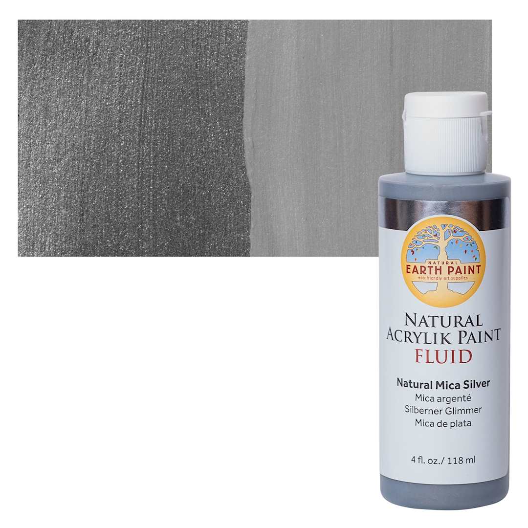 Open in modal - Natural Earth Paint Natural Fluid Acrylik Paint - Silver Mica, 118 ml Bottle and Swatch