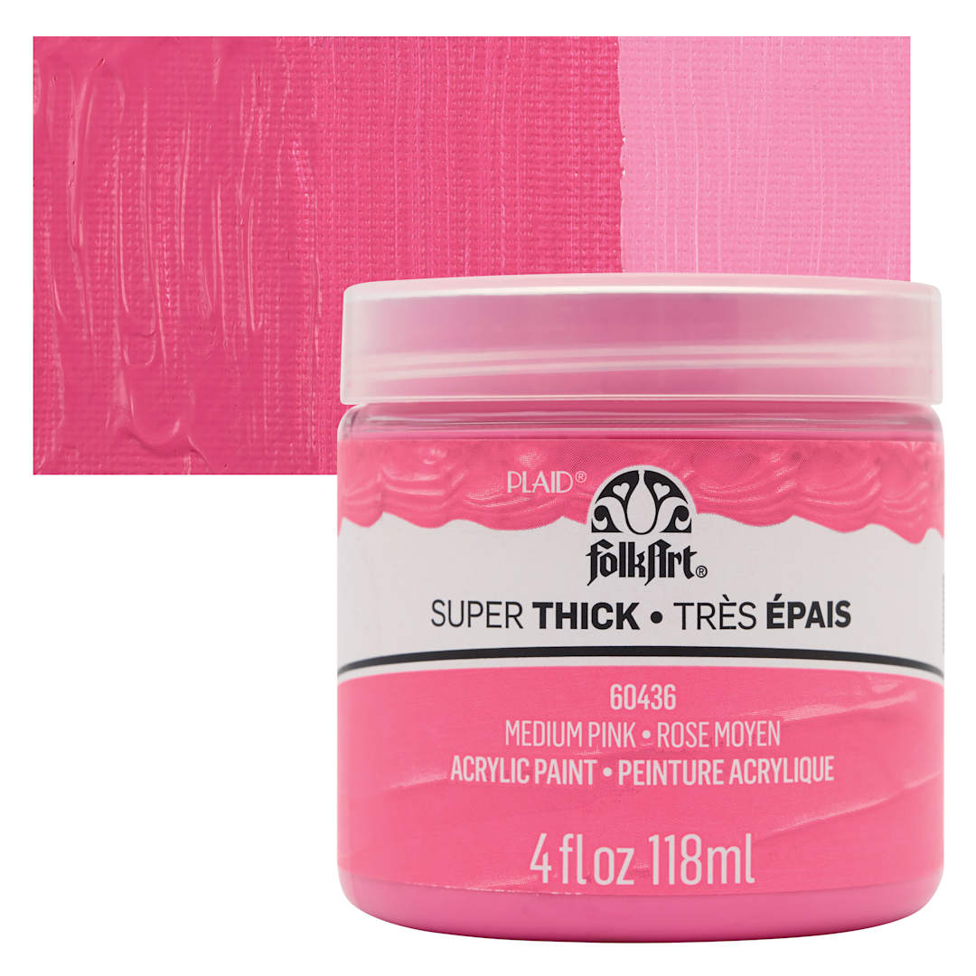 Open in modal - FolkArt Super Thick Acrylic Paint - Medium Pink, 4 oz jar and swatch