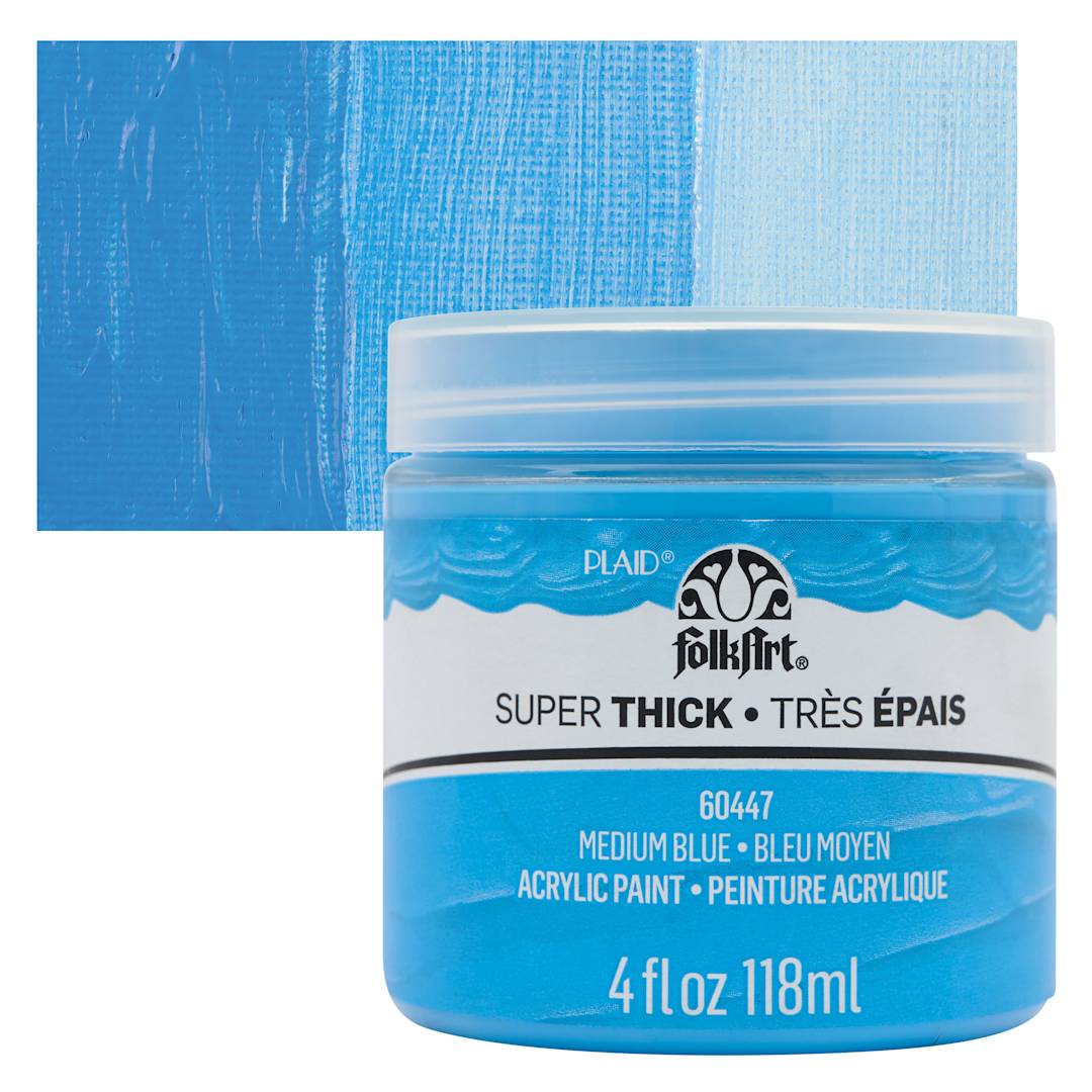Open in modal - FolkArt Super Thick Acrylic Paint - Medium Blue, 4 oz jar and swatch