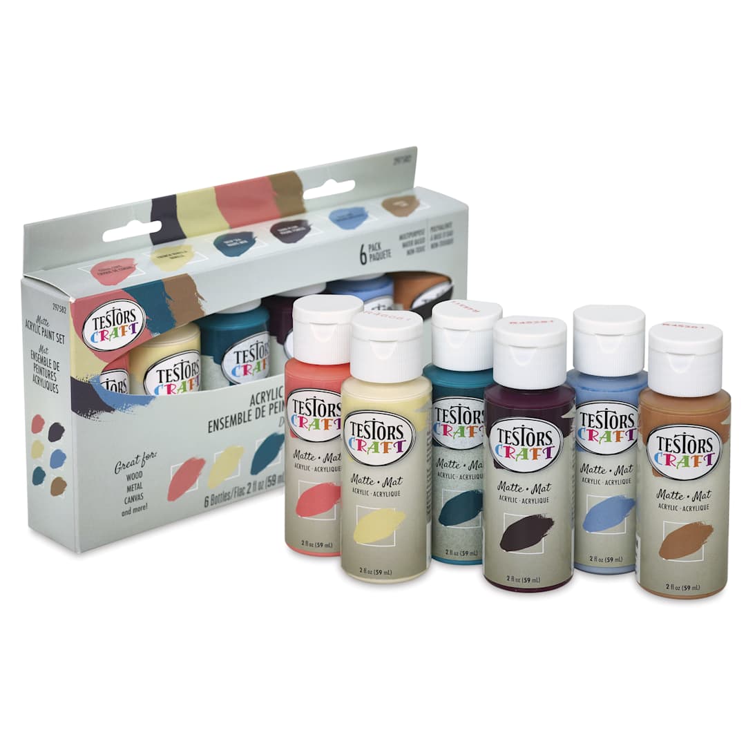 Open in modal - Testors Craft Acrylic Paint - Set of 6, Décor Colors, 2 oz Bottles and package