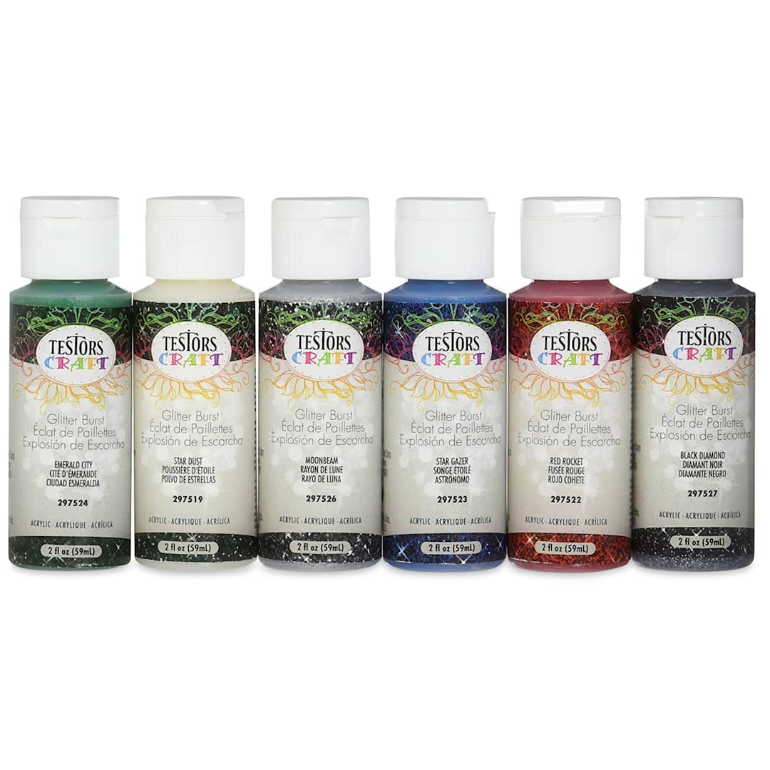 Open in modal - Testors Craft Acrylic Paint - Set of 6, Glitter Burst Colors, 2 oz Bottle
