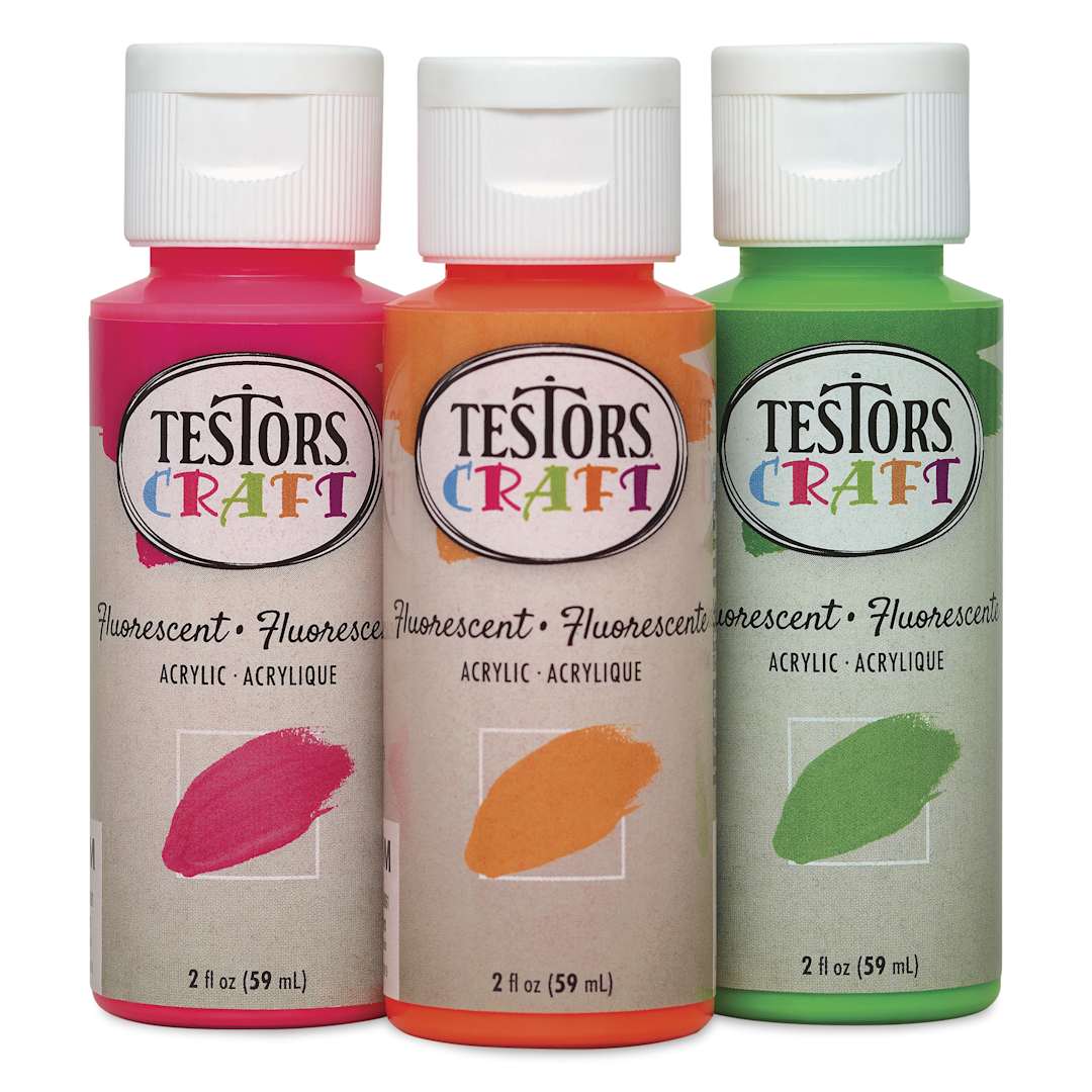 Open in modal - Testors Craft Acrylic Paint - Set of 3, Fluorescent Colors, 2 oz Bottle