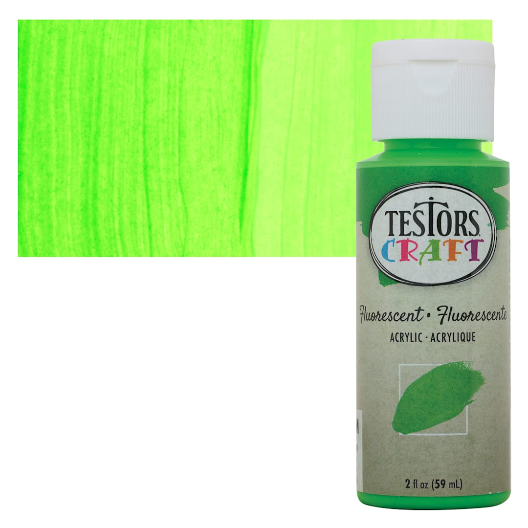 Open in modal - Testors Craft Acrylic Paint - Fluorescent Green, 2 oz Bottle and swatch