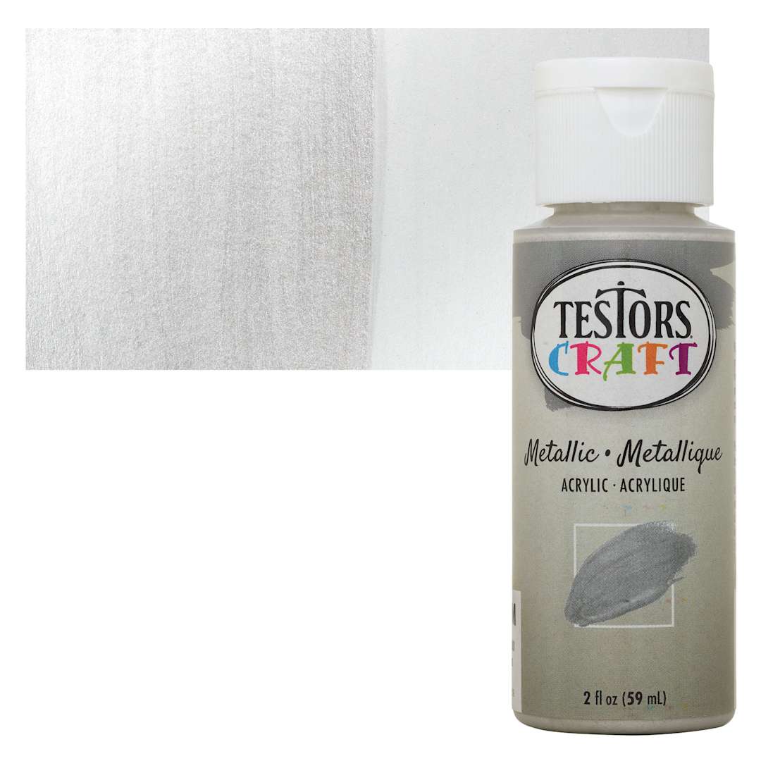 Open in modal - Testors Craft Acrylic Paint - Silver, 2 oz Bottle and swatch