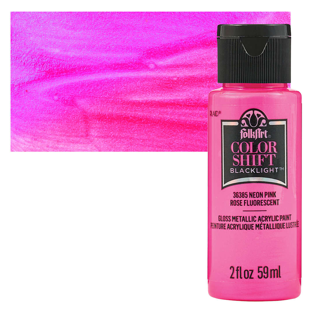 Open in modal - FolkArt Colorshift Blacklight Acrylic Paint - Pink, 2 oz bottle and swatch