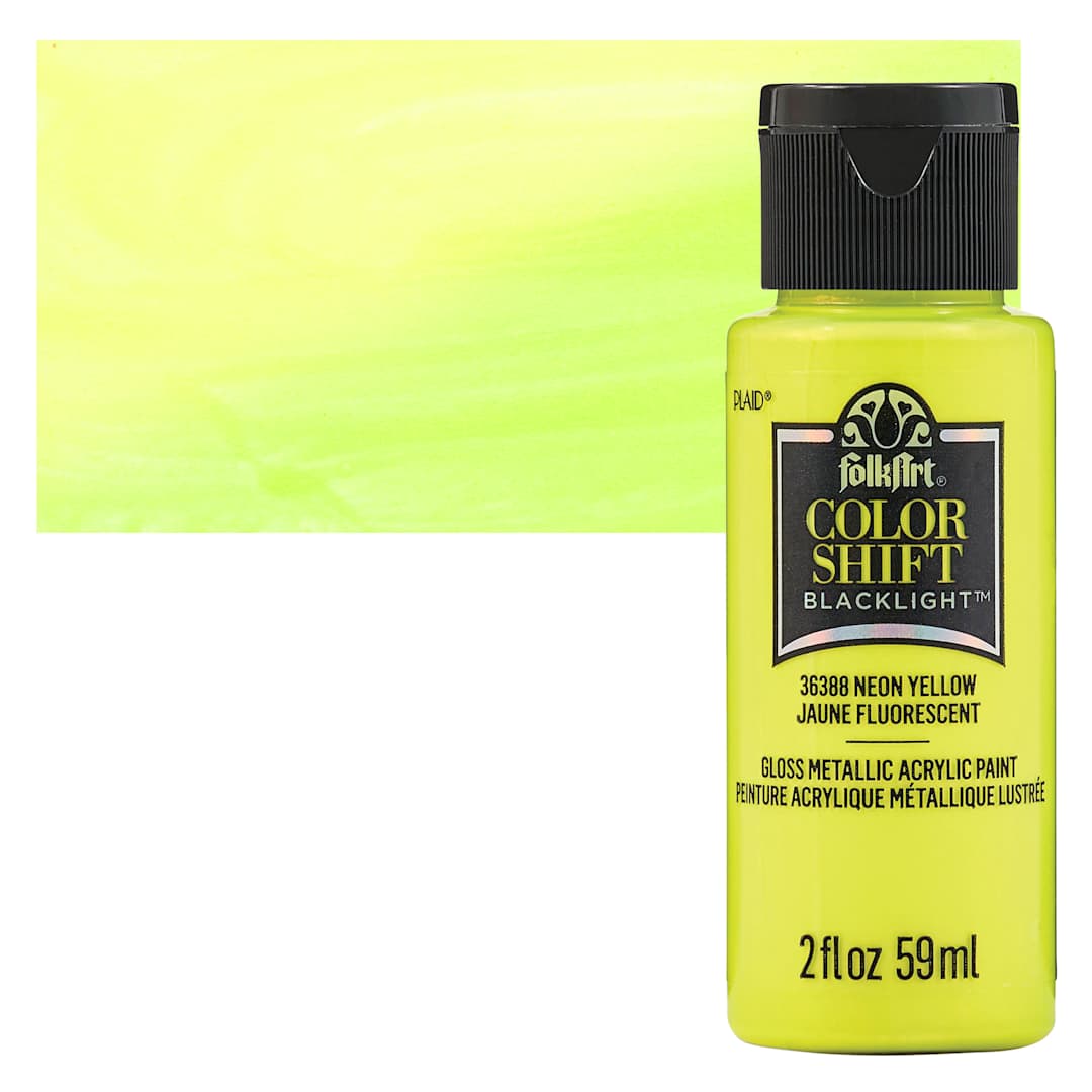 Open in modal - FolkArt Colorshift Blacklight Acrylic Paint - Yellow, 2 oz bottle and swatch