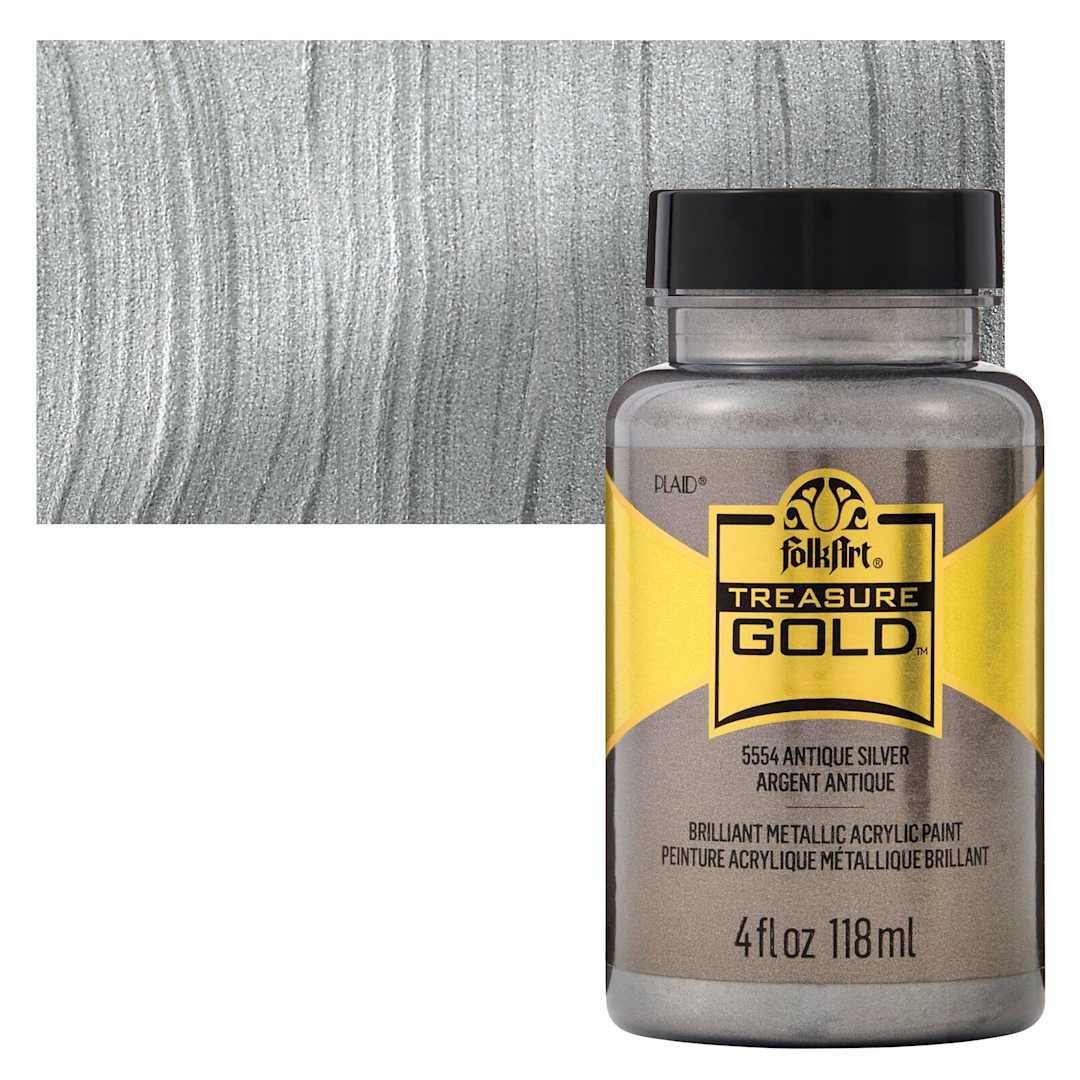 Open in modal - FolkArt Treasure Gold Acrylic Paint - Antique Silver, 4 oz Jar and swatch