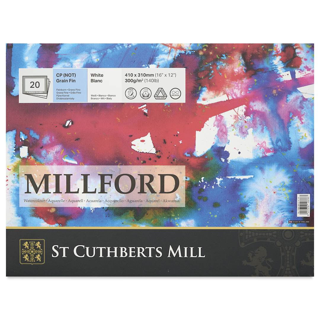 Open in modal - St Cuthbert's Millford Watercolor Paper Block - 12" x 16", Cold Press, 140 lb, 20 sheets, front of packaging